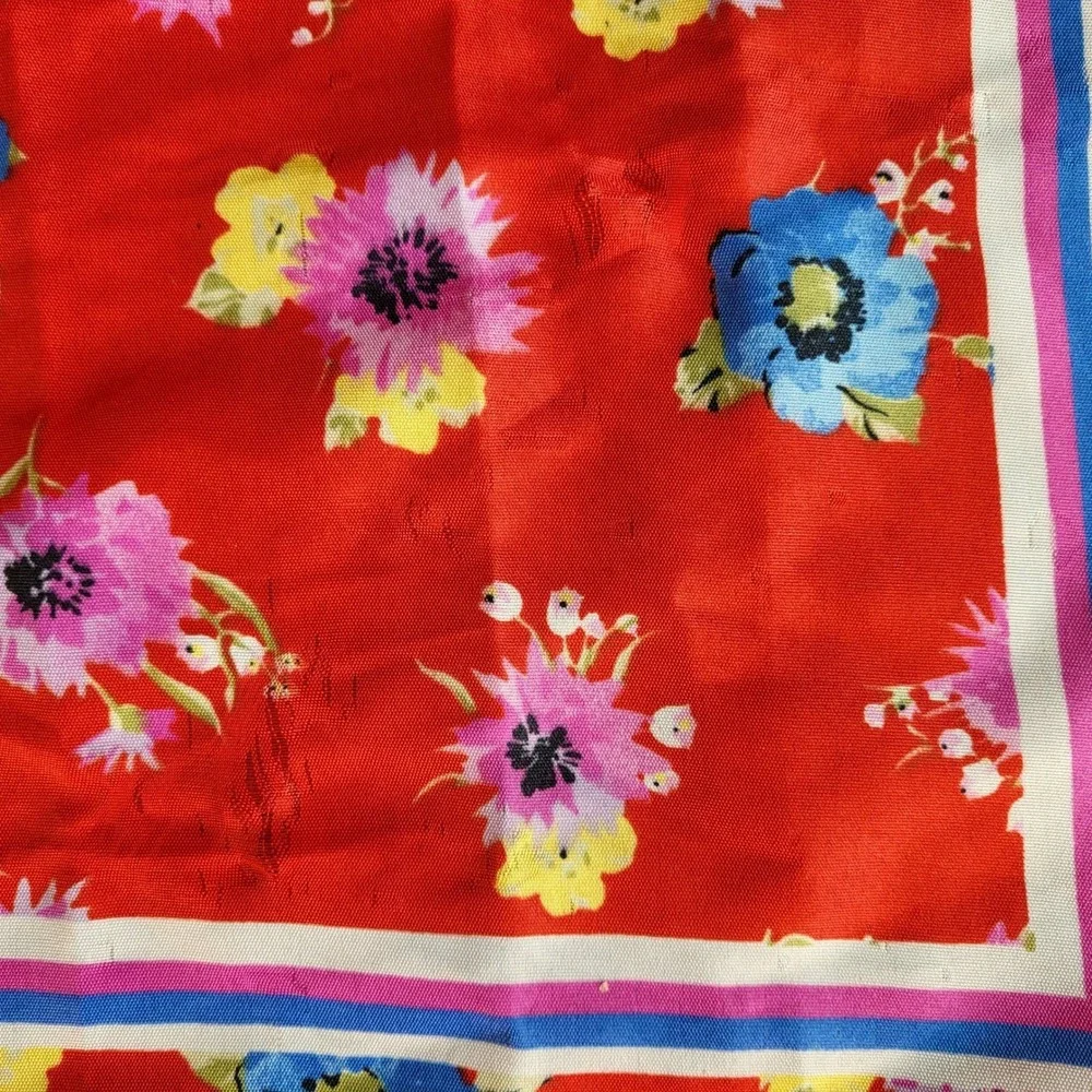Vintage Glentex Italy Red Floral Square Scarf Neckerchief Striped Border Print